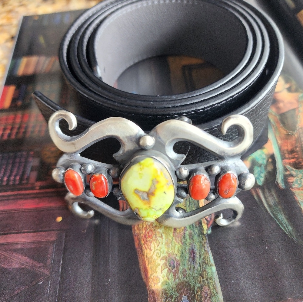 Chimney Butte Sterling Silver and Palomino & Coral Stone Belt Buckle - Picture 2 of 14